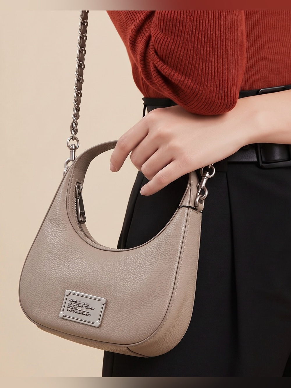 Marc Jacobs The Plaza Small Crescent Bag Pebbled Leather Cement Taupe NWT